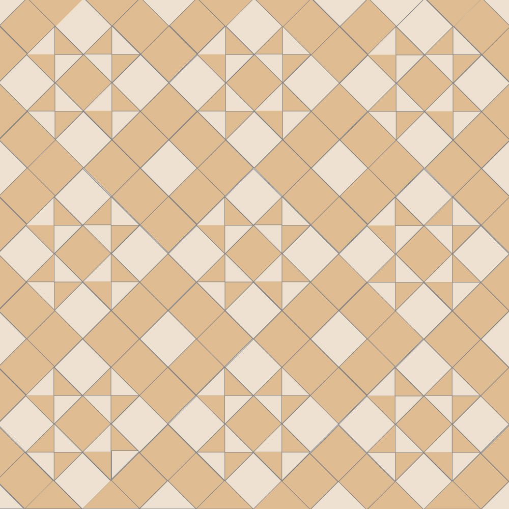 Victorian-style tile pattern with cognac-beige star motifs on an ivory-white background in a geometric grid.  