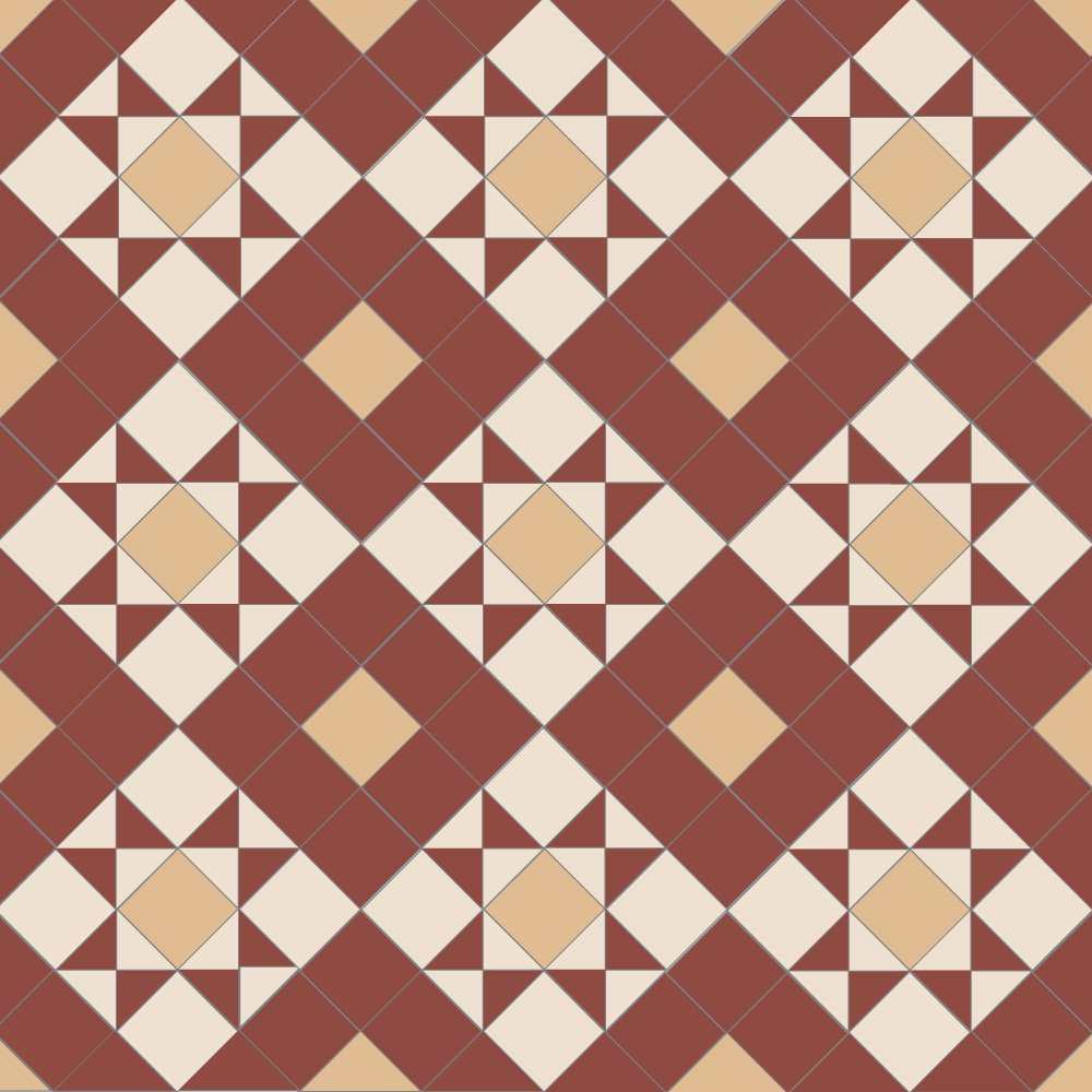 Victorian-style tile pattern featuring terracotta-red star motifs with buff accents on a cream background in a geometric grid.   