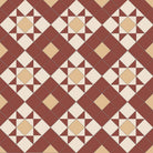 Victorian-style tile pattern featuring terracotta-red star motifs with buff accents on a cream background in a geometric grid.   