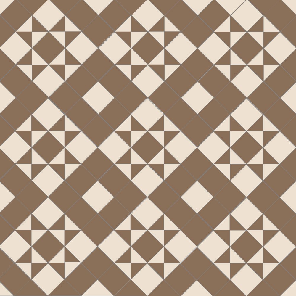 Victorian-style tile pattern featuring coffee-brown star motifs with ivory-white accents on a white background in a geometric grid.   