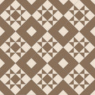 Victorian-style tile pattern featuring coffee-brown star motifs with ivory-white accents on a white background in a geometric grid.   