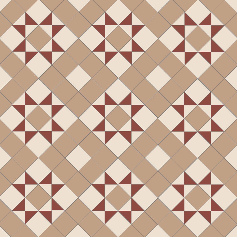 Victorian-style tile pattern featuring terracotta-red star motifs with white accents on a linen background in a geometric grid.   