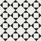 Geometric Victorian tile pattern with alternating black diamonds and white squares in a seamless lattice design. 