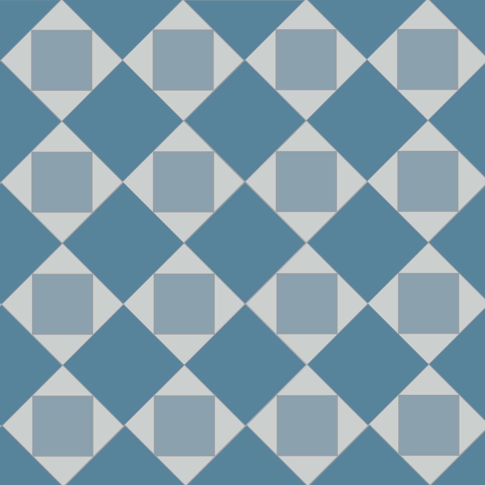 Geometric pattern of alternating blue and light grey diamonds with centred squares in a seamless lattice design.  