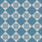 Geometric pattern of alternating blue and light grey diamonds with centred squares in a seamless lattice design.  