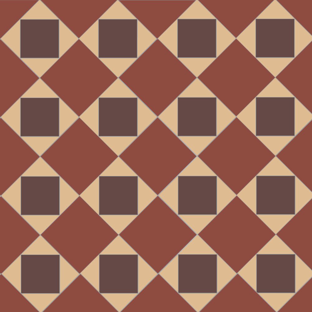 Geometric Victorian tile pattern with alternating cognac-beige diamonds and terracotta-red squares in a seamless lattice design. 