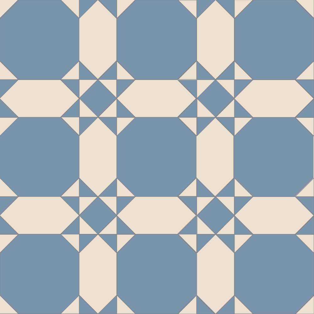 Classic tile design featuring ivory octagons and blue diamond motifs in a traditional repeating pattern.  