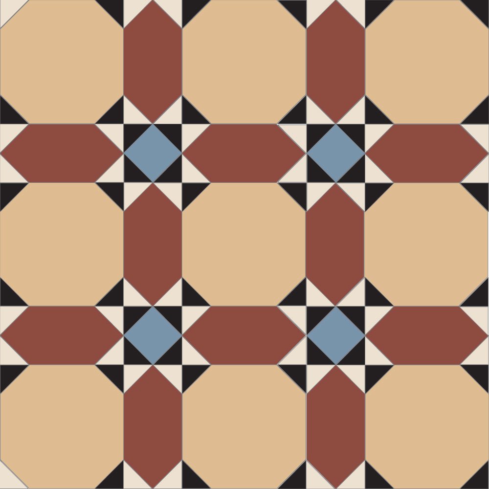 Traditional tile design featuring cognac-beige octagons, terracotta-red accents, and blue diamond motifs in a repeating geometric pattern.  