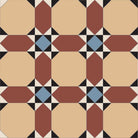 Traditional tile design featuring cognac-beige octagons, terracotta-red accents, and blue diamond motifs in a repeating geometric pattern.  