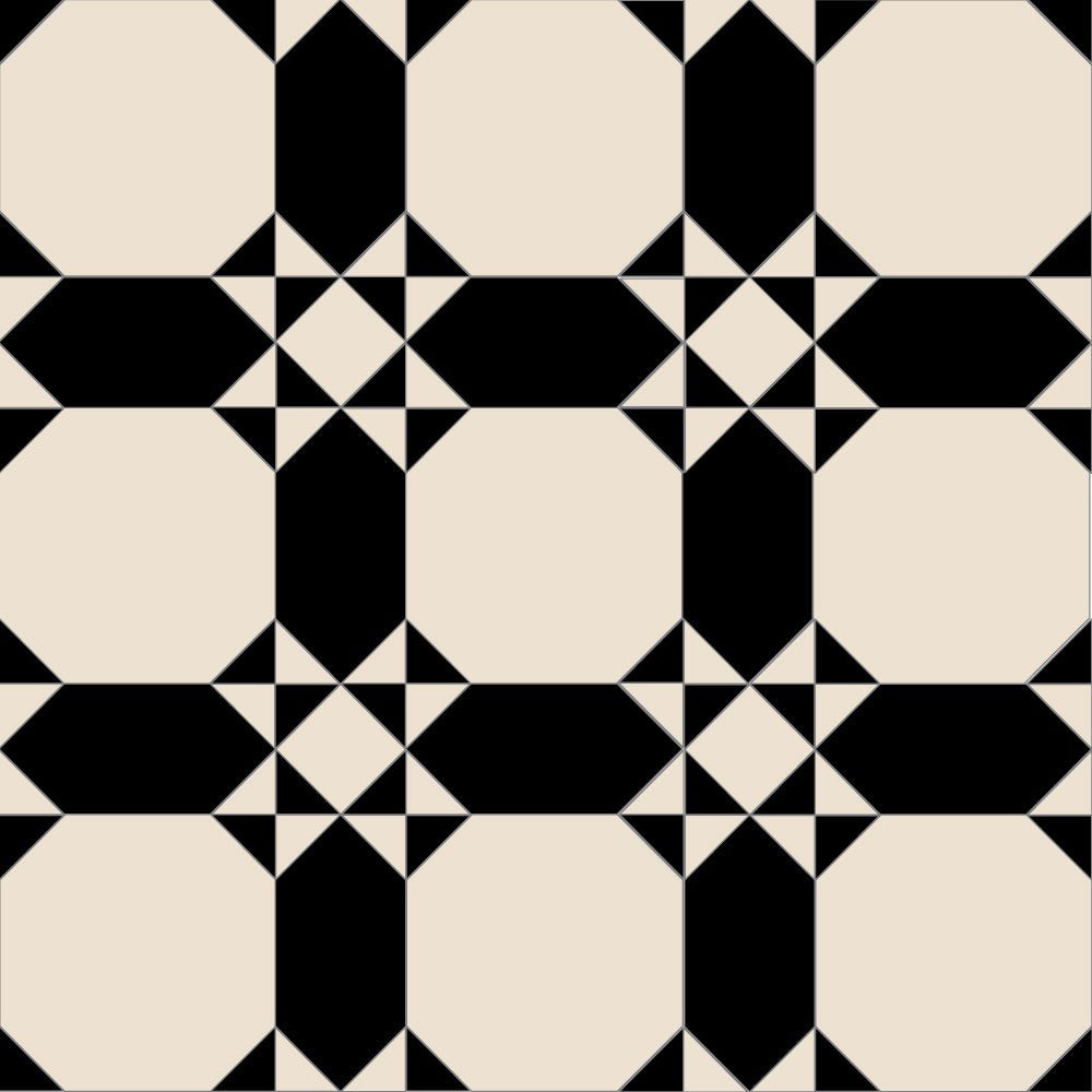 Classic black-and-ivory tile design featuring octagonal shapes and diamond motifs in a repeating geometric pattern.   