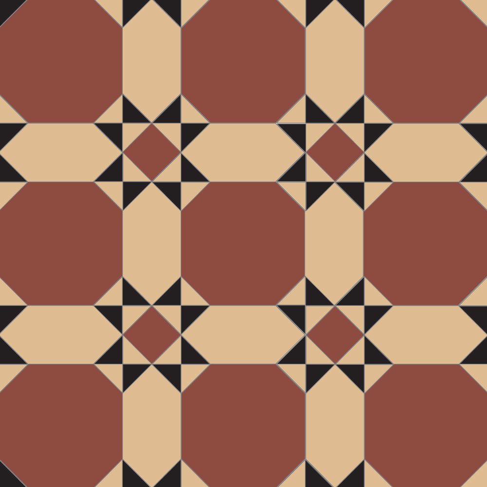 Victorian-inspired tile design featuring terracotta octagons, beige backgrounds, and black diamond details in a repeating geometric pattern.   