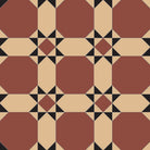 Victorian-inspired tile design featuring terracotta octagons, beige backgrounds, and black diamond details in a repeating geometric pattern.   