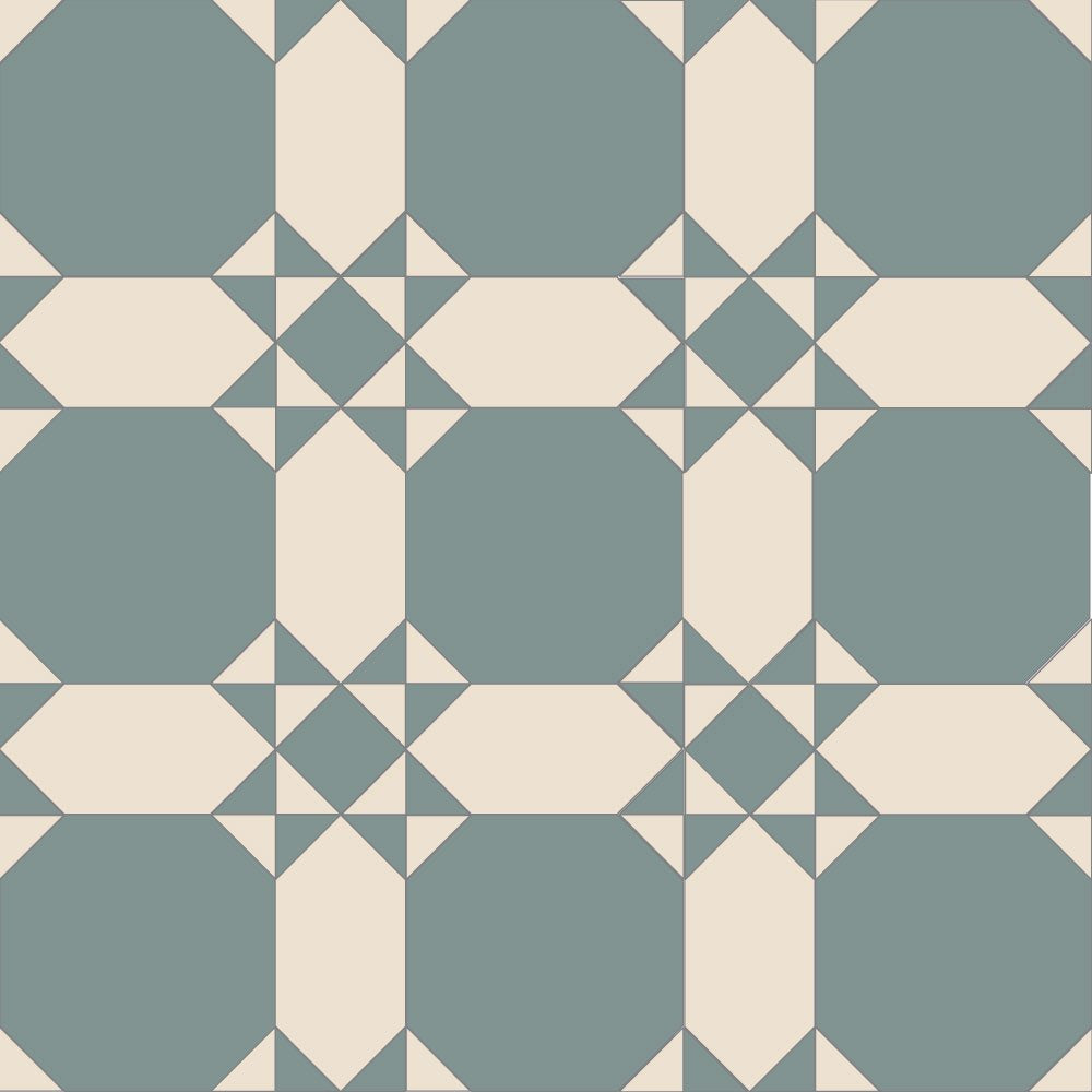 Classic tile design featuring ivory octagons and blue diamond motifs in a traditional repeating pattern.  