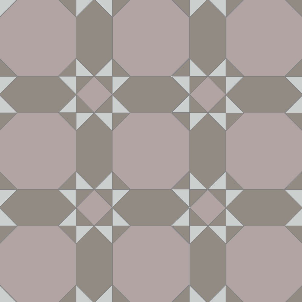Geometric tile design featuring parme-lilac octagons and soft grey diamond motifs in a repeating pattern.  