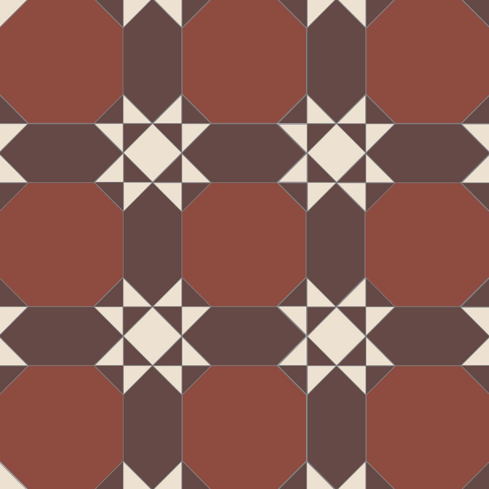 Victorian-style tile design featuring terracotta-red octagons, black accents, and ivory-white diamond motifs in a repeating geometric pattern.   