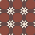 Victorian-style tile design featuring terracotta-red octagons, black accents, and ivory-white diamond motifs in a repeating geometric pattern.   