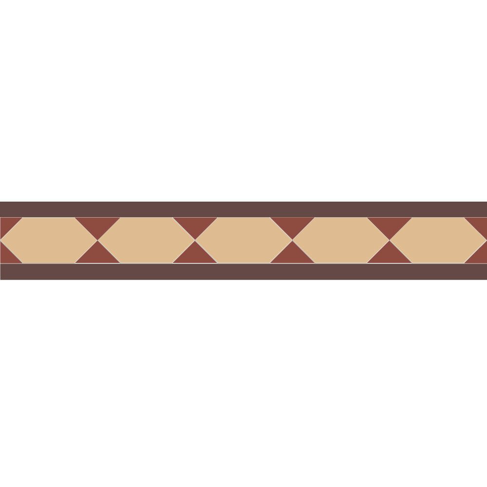 Victorian Chain tile border with brown rectangles, cognac hexagons, and red triangles in a geometric design.