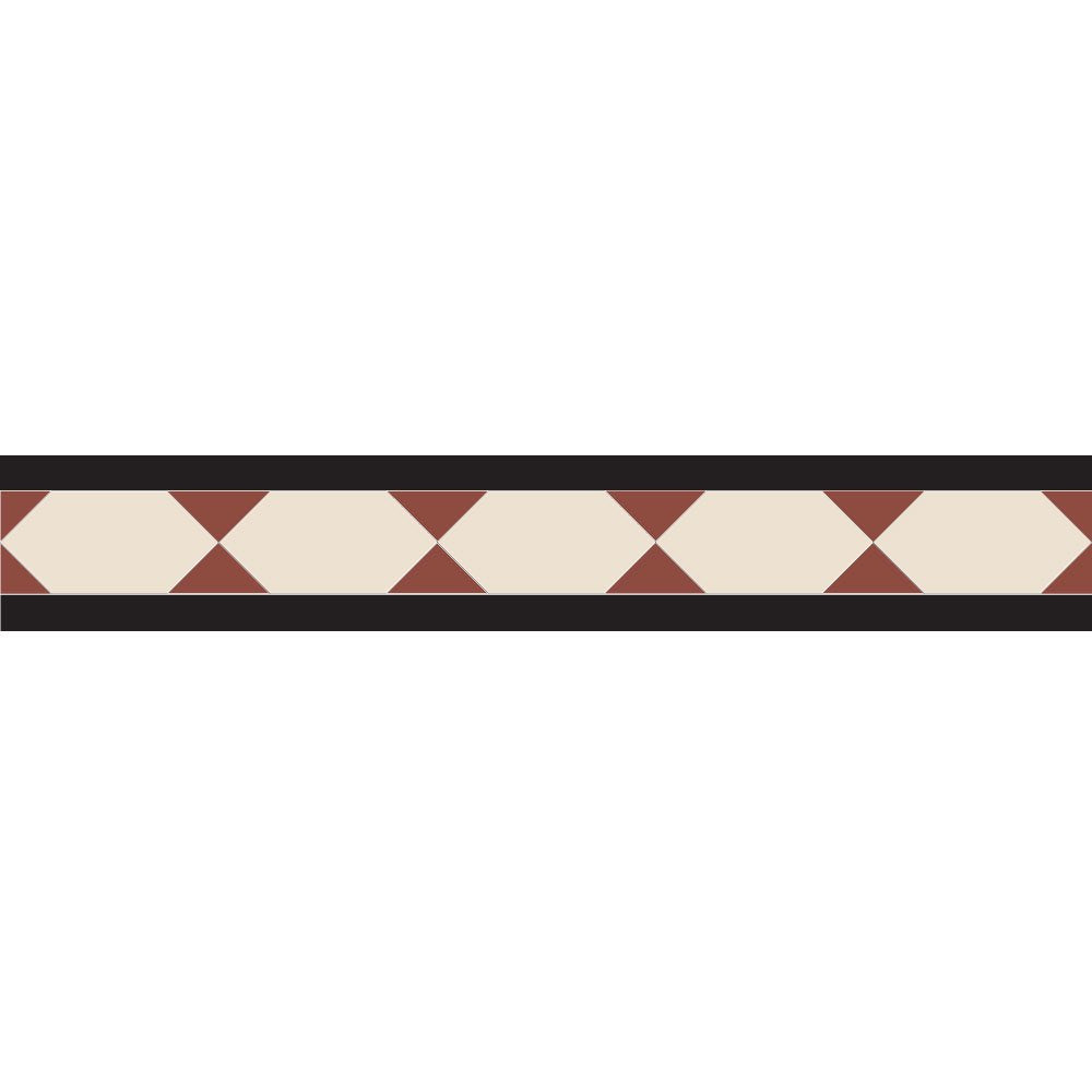 Victorian chain border tile design with terracotta triangles, cream octagons, and black edging; perfect for hallway, porch, kitchen, and conservatory floors. 
