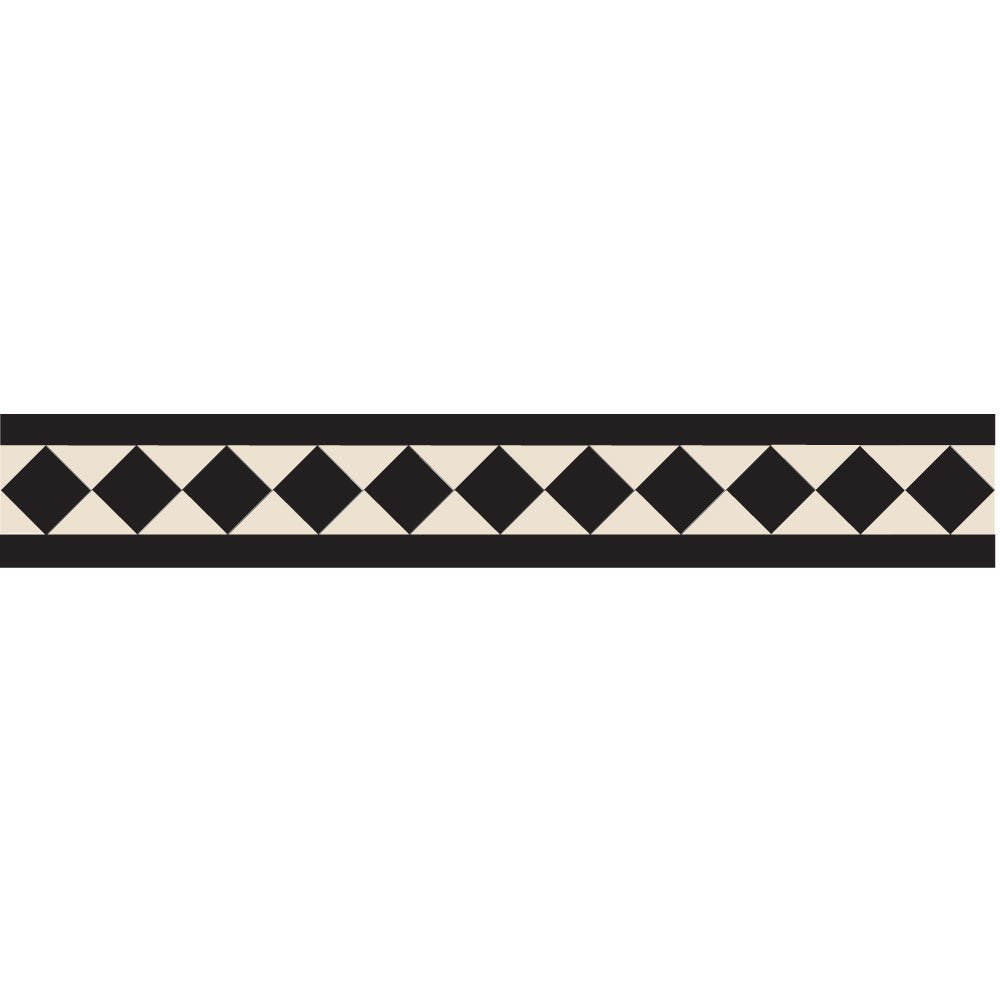 Classic Victorian border with alternating black and white diamond tiles arranged in a continuous chain pattern, framed by solid black bands on both sides.
