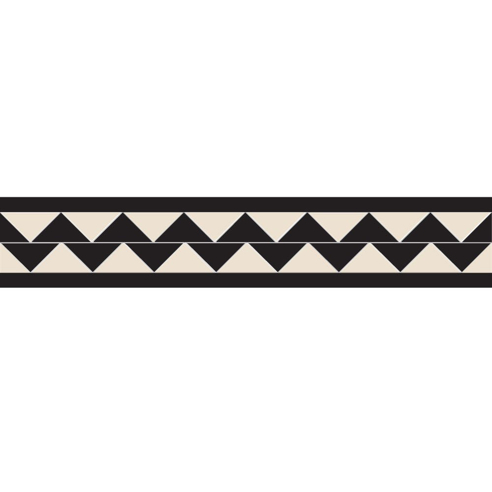 Double dogtooth tile border featuring black and white triangles framed in black for elegant interiors.