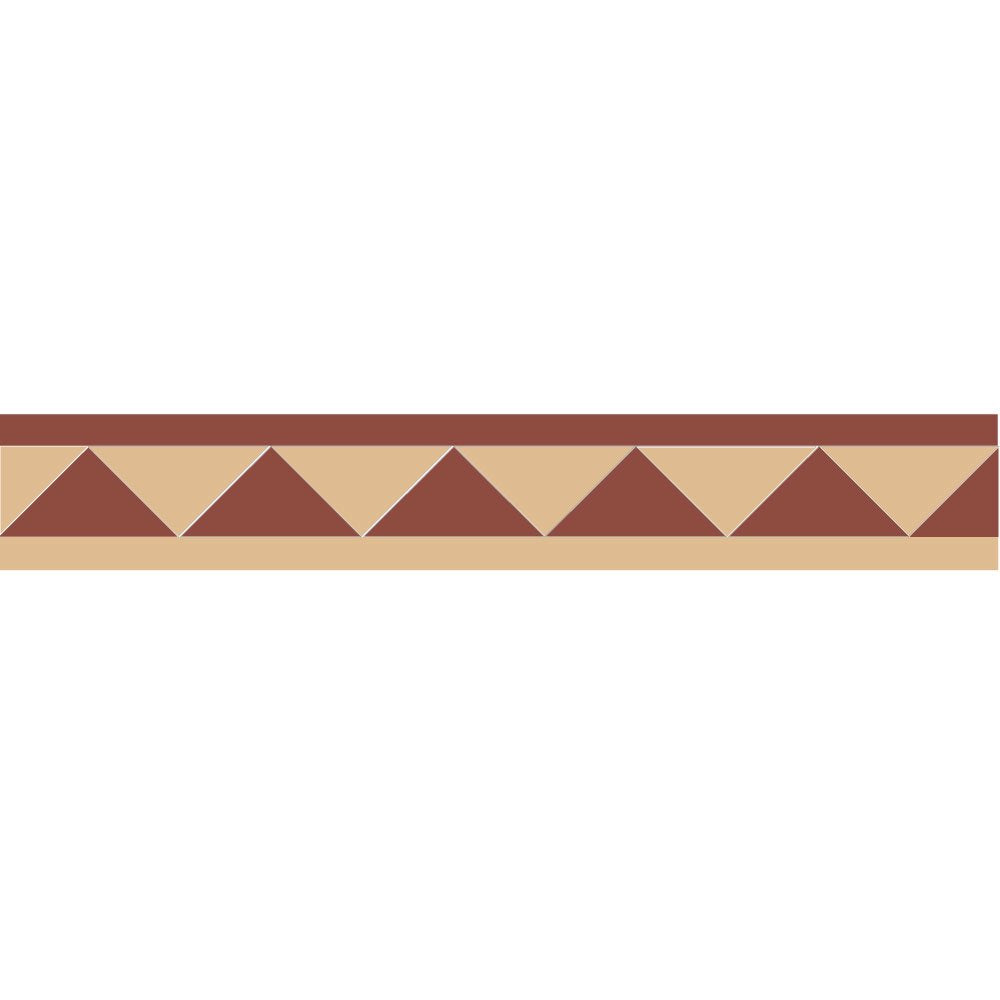 Geometric dogtooth border tile with alternating terracotta red and beige triangles, framed by slim rectangular strips along the top and bottom.