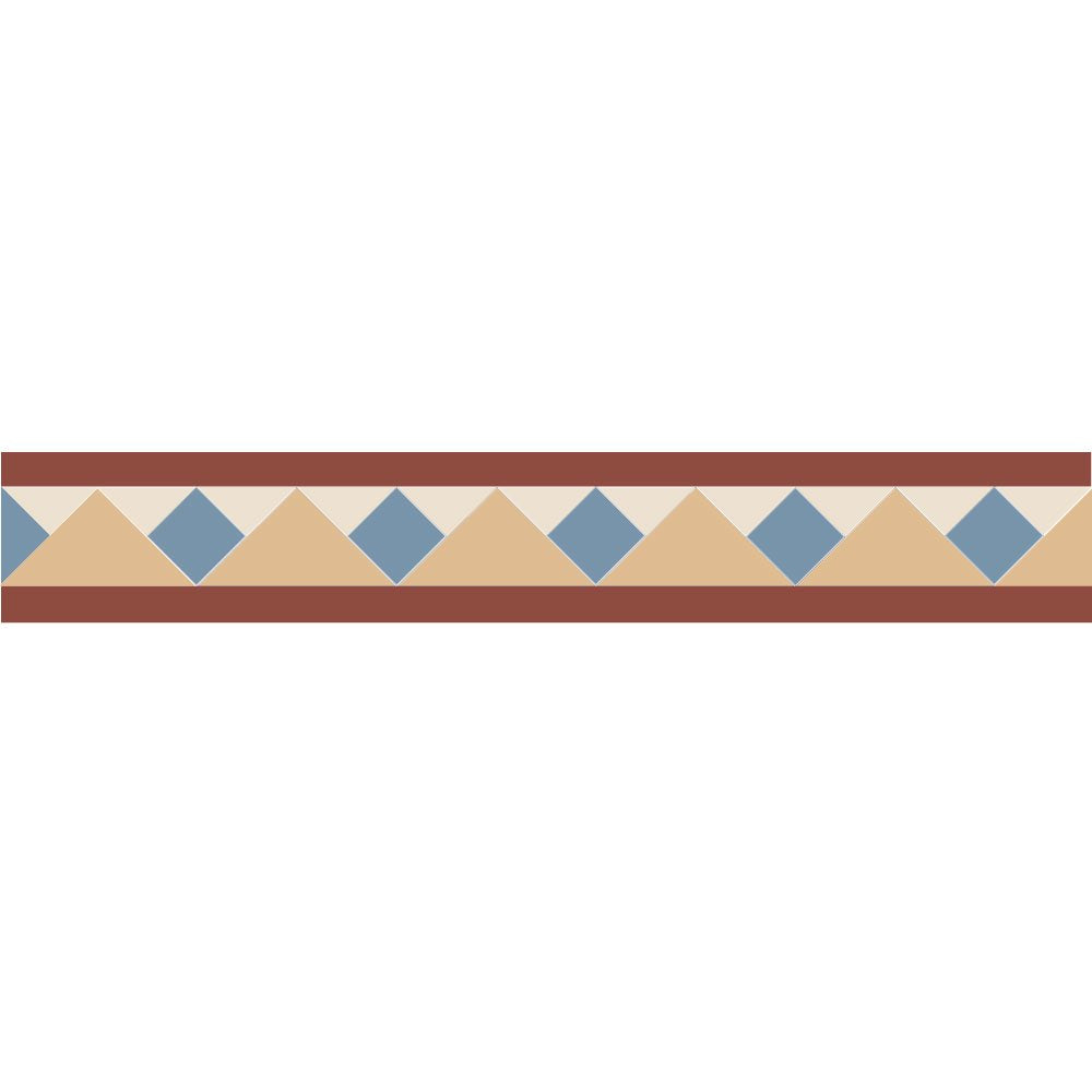 Victorian-style tile border with a dogtooth pattern of White, Blue, and terracotta Red triangles framed by Cognac (buff) and White strips.