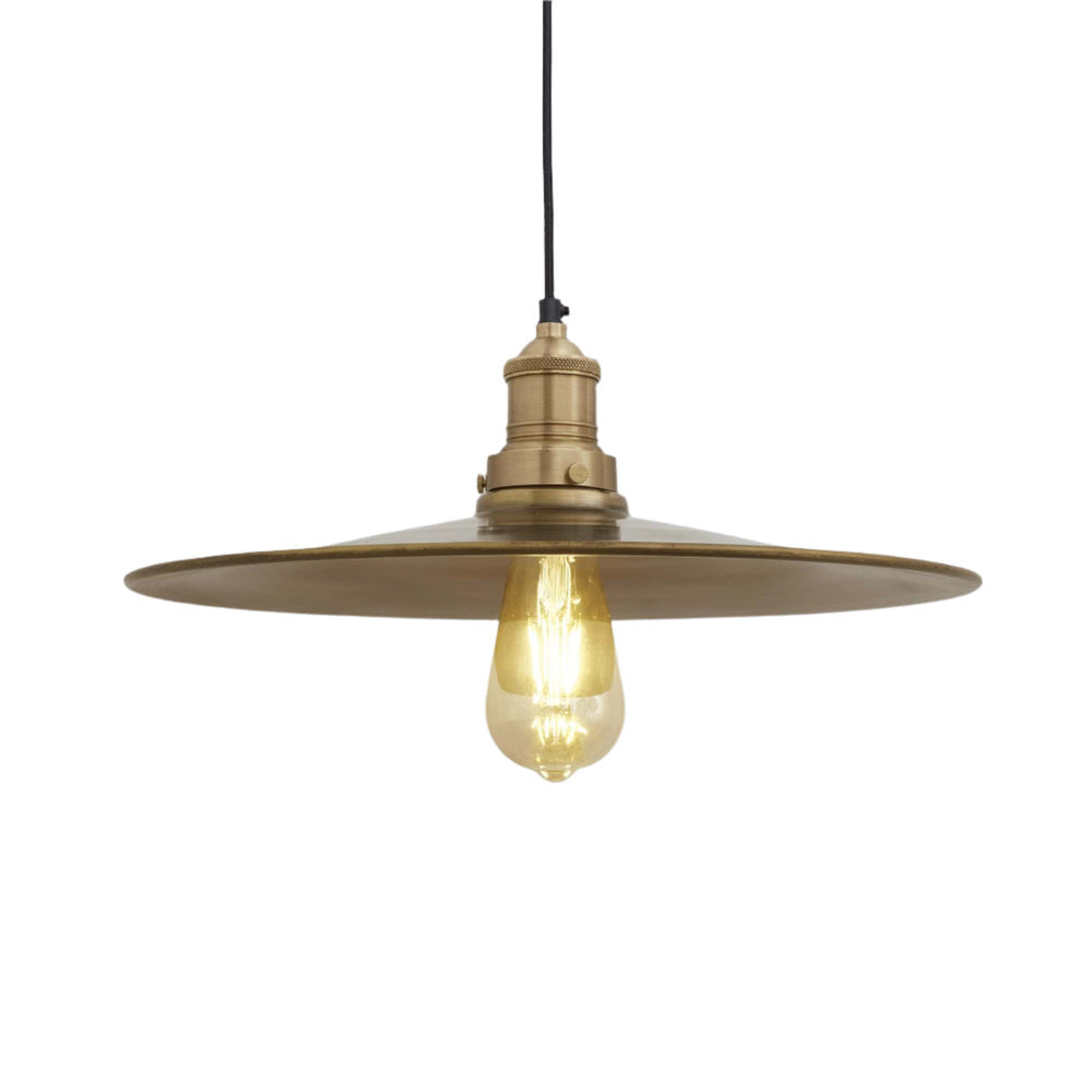 Industrial-style pendant light with a brushed brass exterior, hanging from a brown cord.
