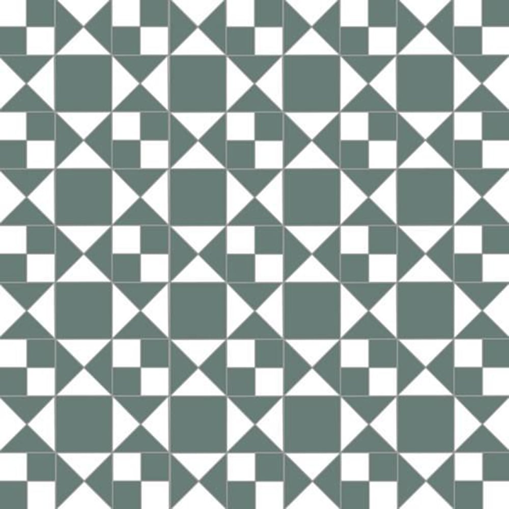 Victorian-style black and white tile pattern featuring interlocking triangles, squares, and diamond shapes in a symmetrical geometric design.  