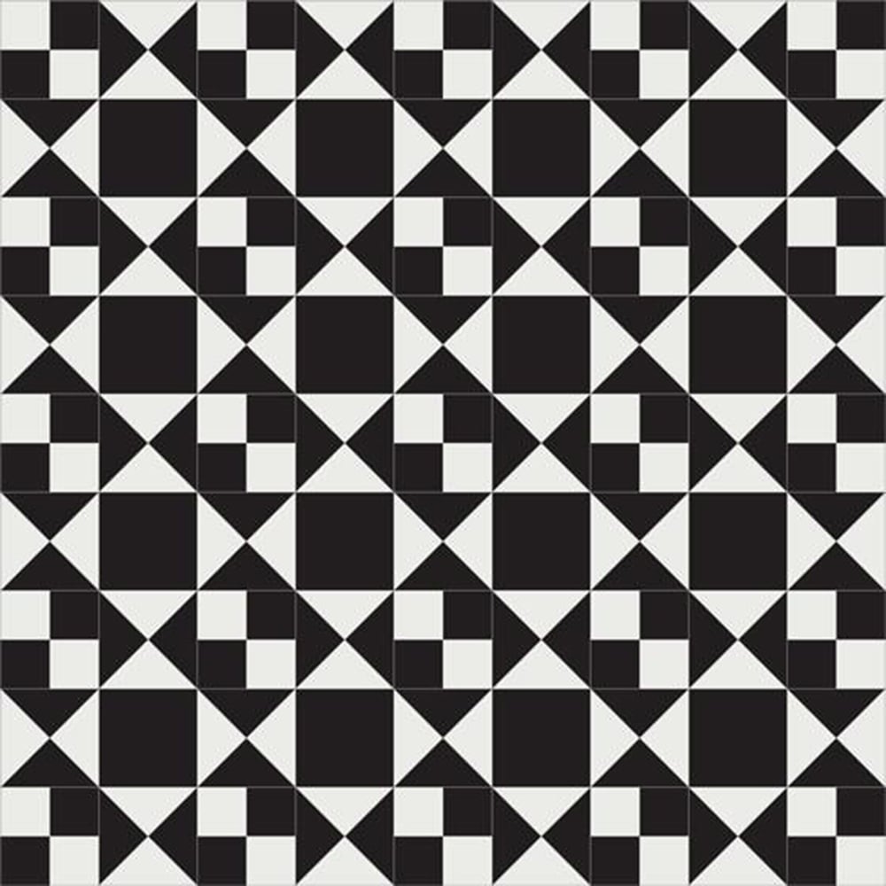 Victorian-style black and white tile pattern featuring interlocking triangles, squares, and diamond shapes in a symmetrical geometric design.  