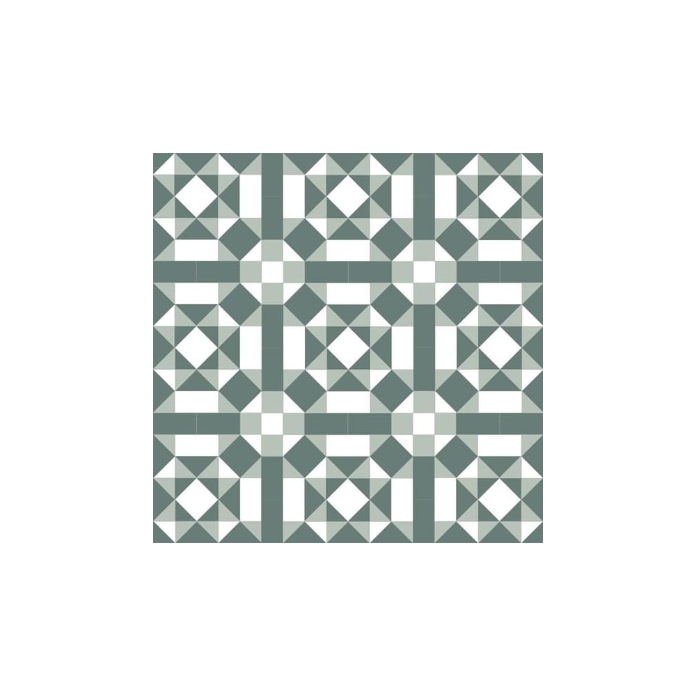Geometric tile pattern with sage-green squares, white triangles, and diamond shapes arranged in a symmetrical, modern layout.  