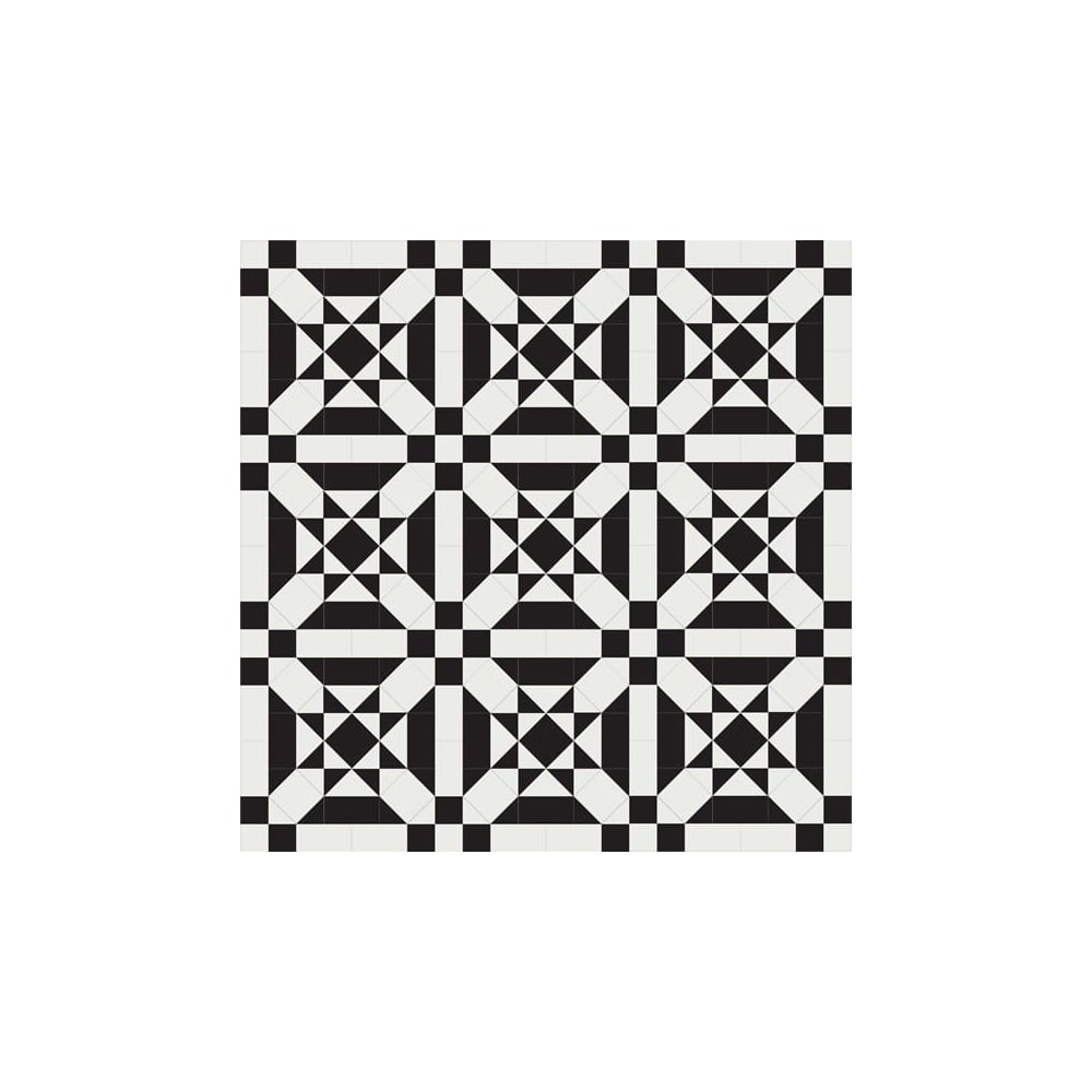 Geometric tile pattern with black squares, white triangles, and diamond shapes arranged in a symmetrical, heritage-inspired layout.  