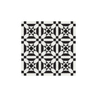 Geometric tile pattern with black squares, white triangles, and diamond shapes arranged in a symmetrical, heritage-inspired layout.  