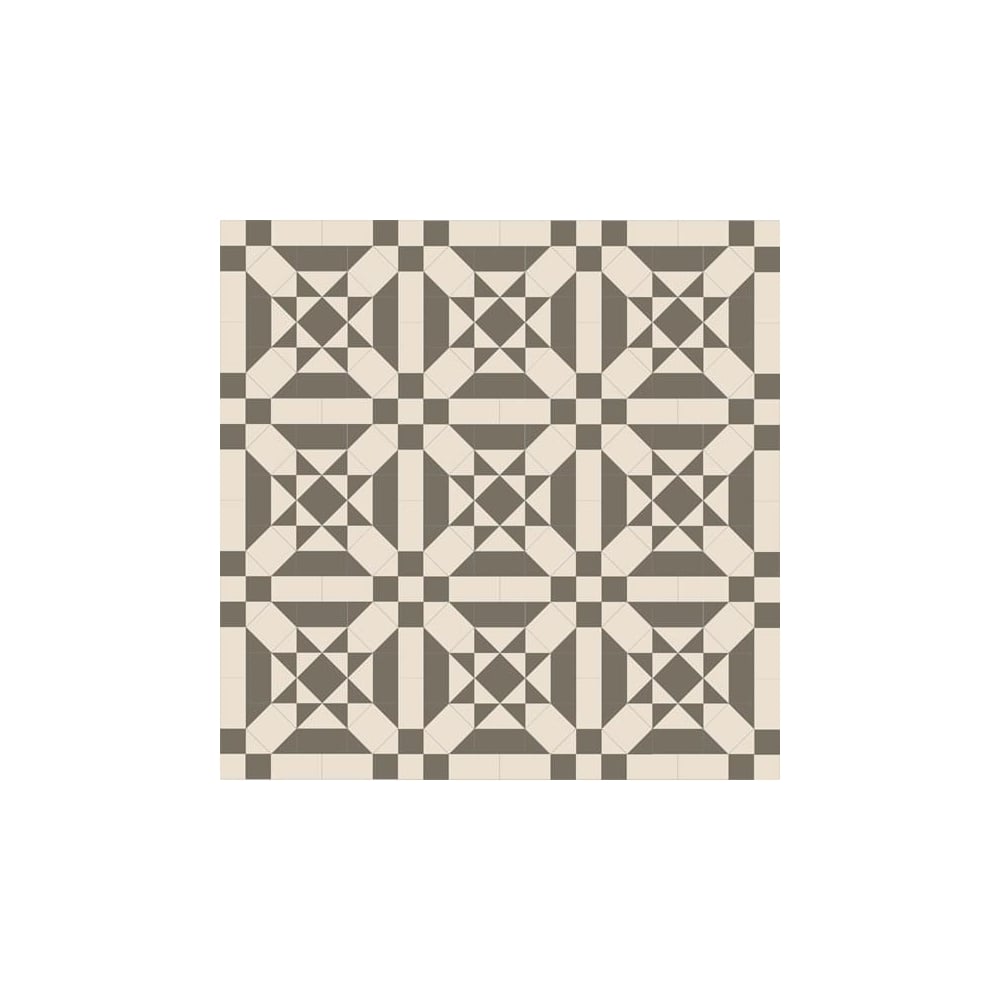 Geometric tile pattern with anthracite squares, vanilla-beige triangles, and diamond shapes arranged in a symmetrical, heritage-inspired layout.   
