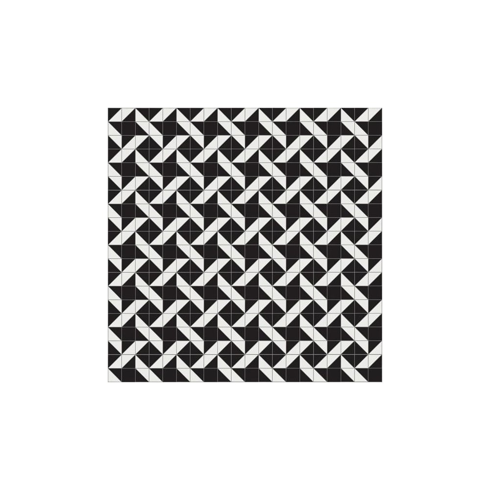 Black and white geometric tile pattern with interlocking diagonal shapes creating a bold, modern pinwheel design.  