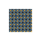 Geometric tile pattern with black and blue diagonal shapes and mustard-yellow squares in a repeating modern design.  