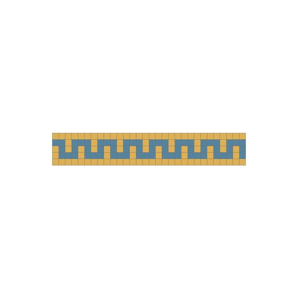 Greek Key Art Deco tile border with interwoven right-angled spirals and a Dark Blue wave motif on a Mustard Yellow background.