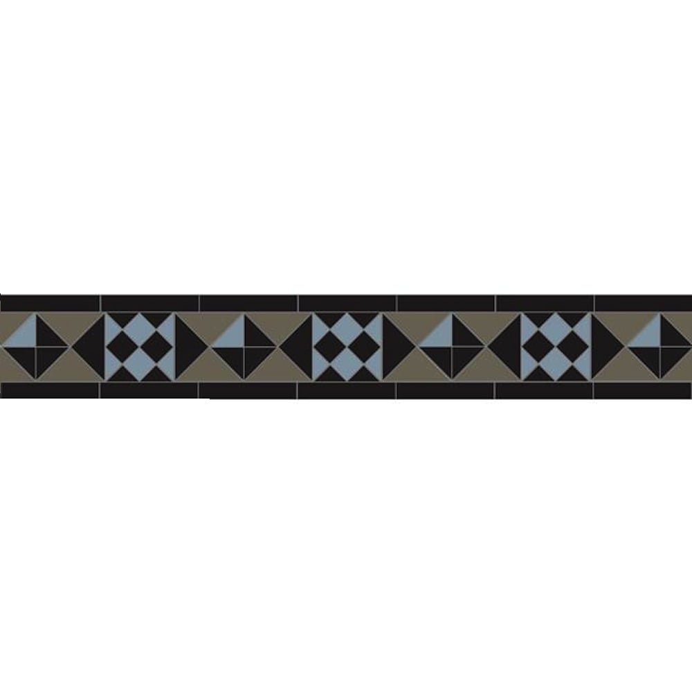 Victorian tile border with black, blue and super white squares and triangles, framed by narrow black rectangles.