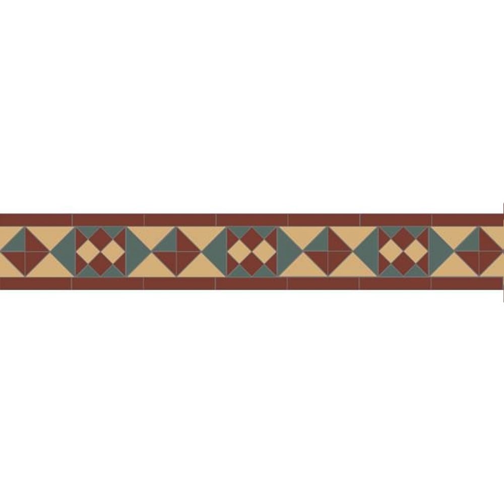 Victorian tile border with beige, green and terracotta red geometric diamonds and triangles, framed by terracotta red bands.