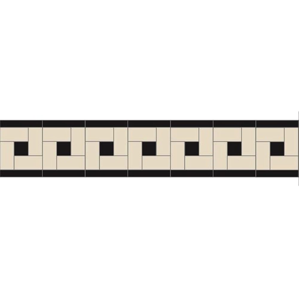 Rectangular Victorian border pattern with white interlocking shapes and black squares, framed by thin black lines on top and bottom.