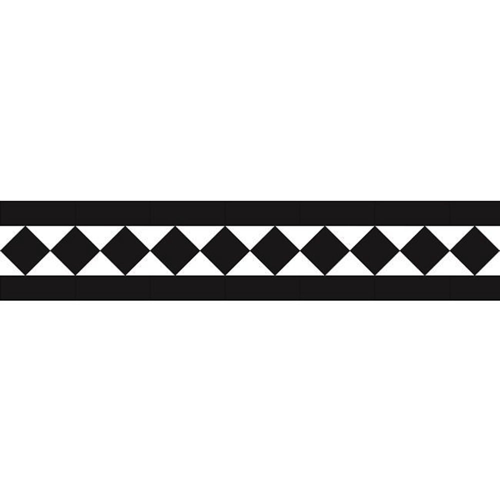 Classic Victorian border with large, alternating black and white diamond tiles arranged in a continuous chain pattern, framed by solid black bands on both sides.
