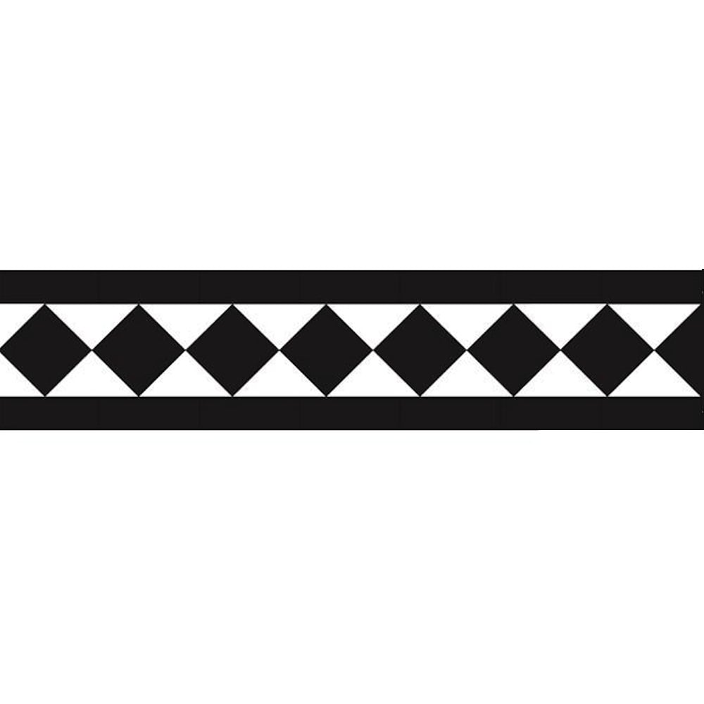 Classic Victorian border with extra large, alternating black and white diamond tiles arranged in a continuous chain pattern, framed by solid black bands on both sides.

