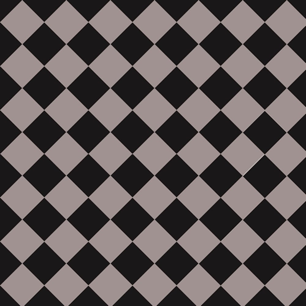 Victorian chequerboard tile design in classic black and parme, a muted lavender tone.  