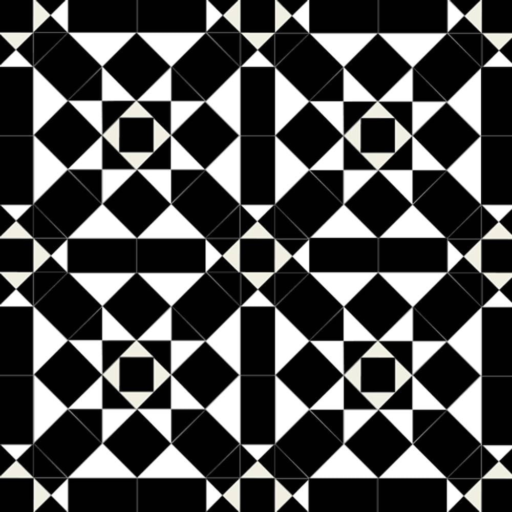 Victorian-style geometric tile pattern featuring interlocking squares and triangles in bold contrasts of black and white, forming repeating star motifs within a tessellated layout.   