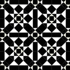 Victorian-style geometric tile pattern featuring interlocking squares and triangles in bold contrasts of black and white, forming repeating star motifs within a tessellated layout.   