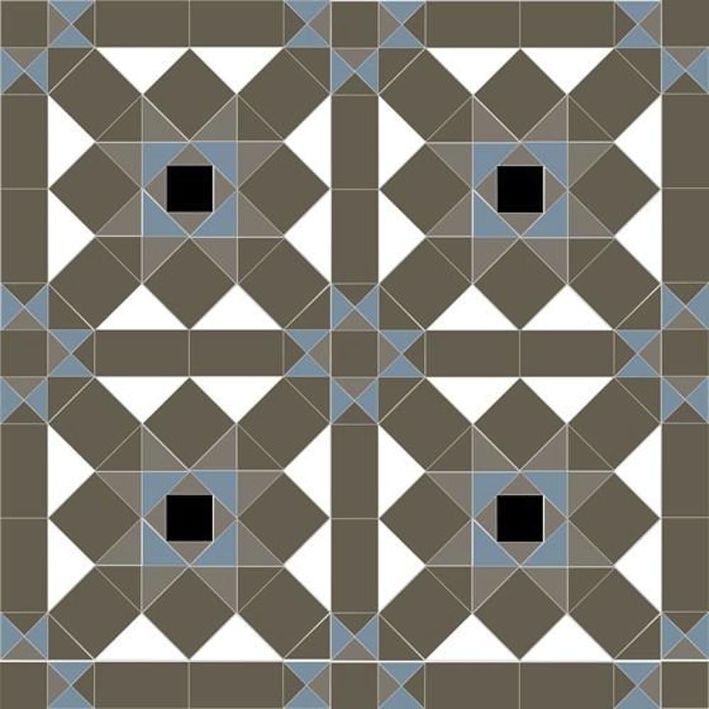Victorian-style geometric tile pattern featuring interlocking squares and triangles in anthracite, shades of grey and blue, with dramatic super-white and black accents that form repeating star motifs within a tessellated layout. 