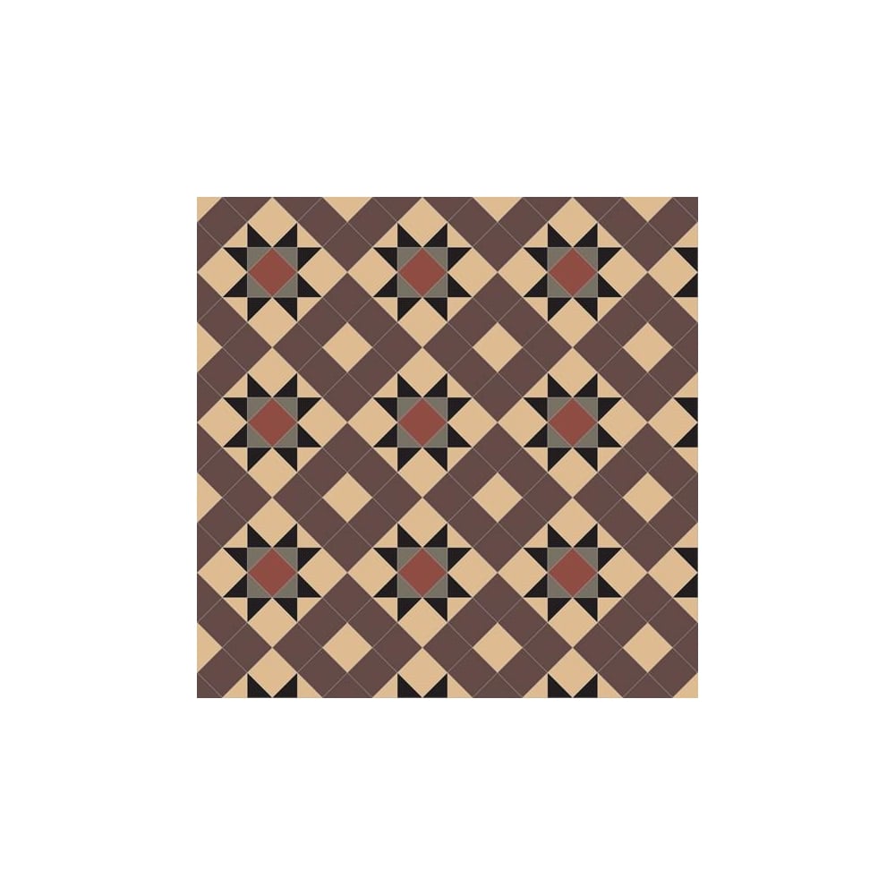 Victorian-style tile pattern featuring brown and black star motifs with red centres and buff accents in a geometric grid.   