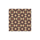 Victorian-style tile pattern featuring brown and black star motifs with red centres and buff accents in a geometric grid.   