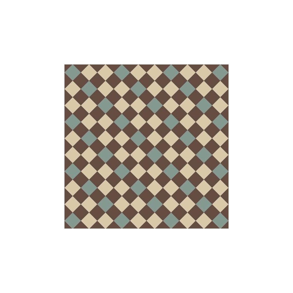 Victorian chequerboard tile design in brown, green and ivory, made up of 70mm square tiles.  