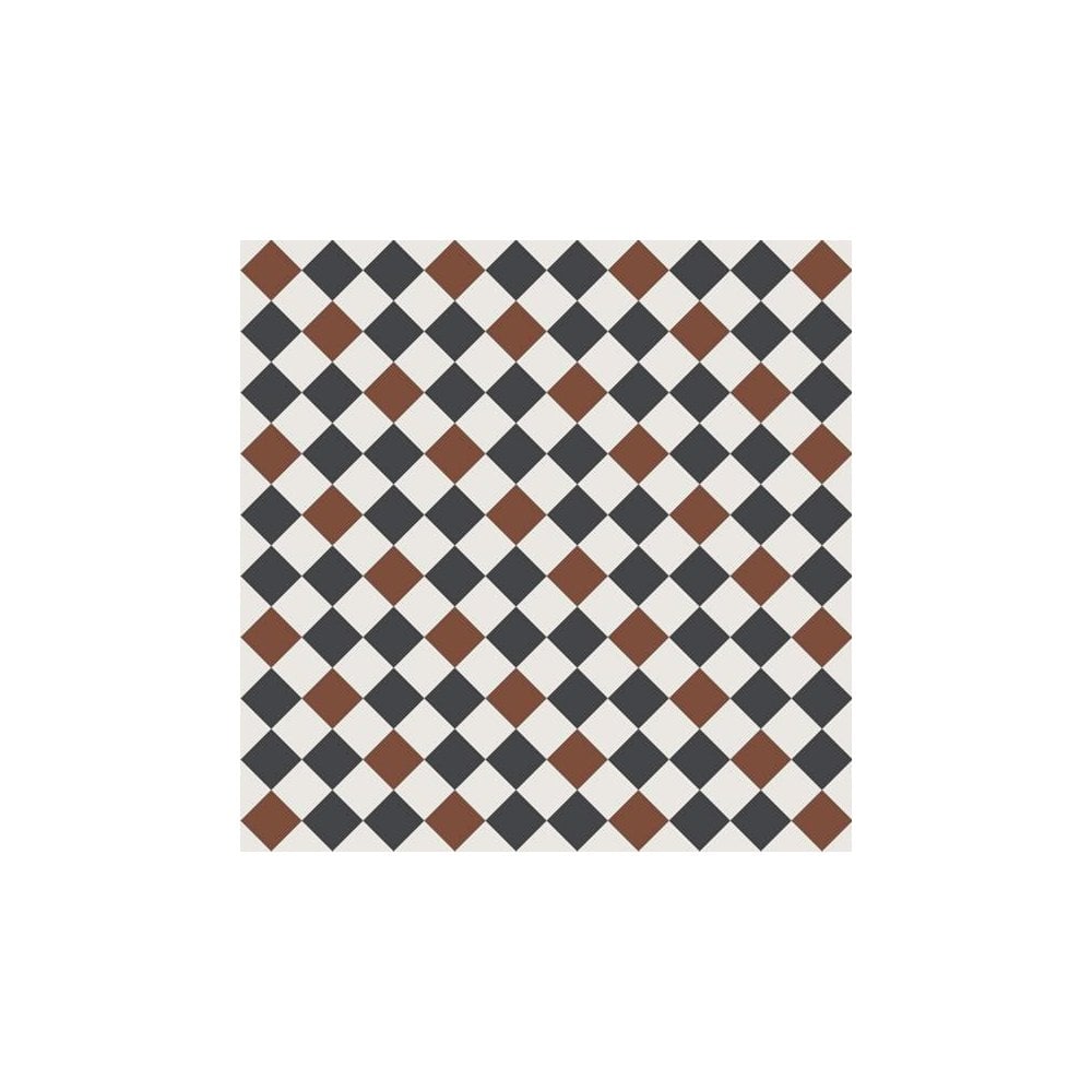Victorian chequerboard tile design in black, red and super white, made up of 70mm square tiles.  