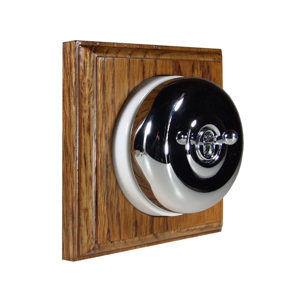 Switch to Wood's Dolly Light Switch Smooth Dome - 1 Gang Square Backplate Polished Chrome in Medium Oak 